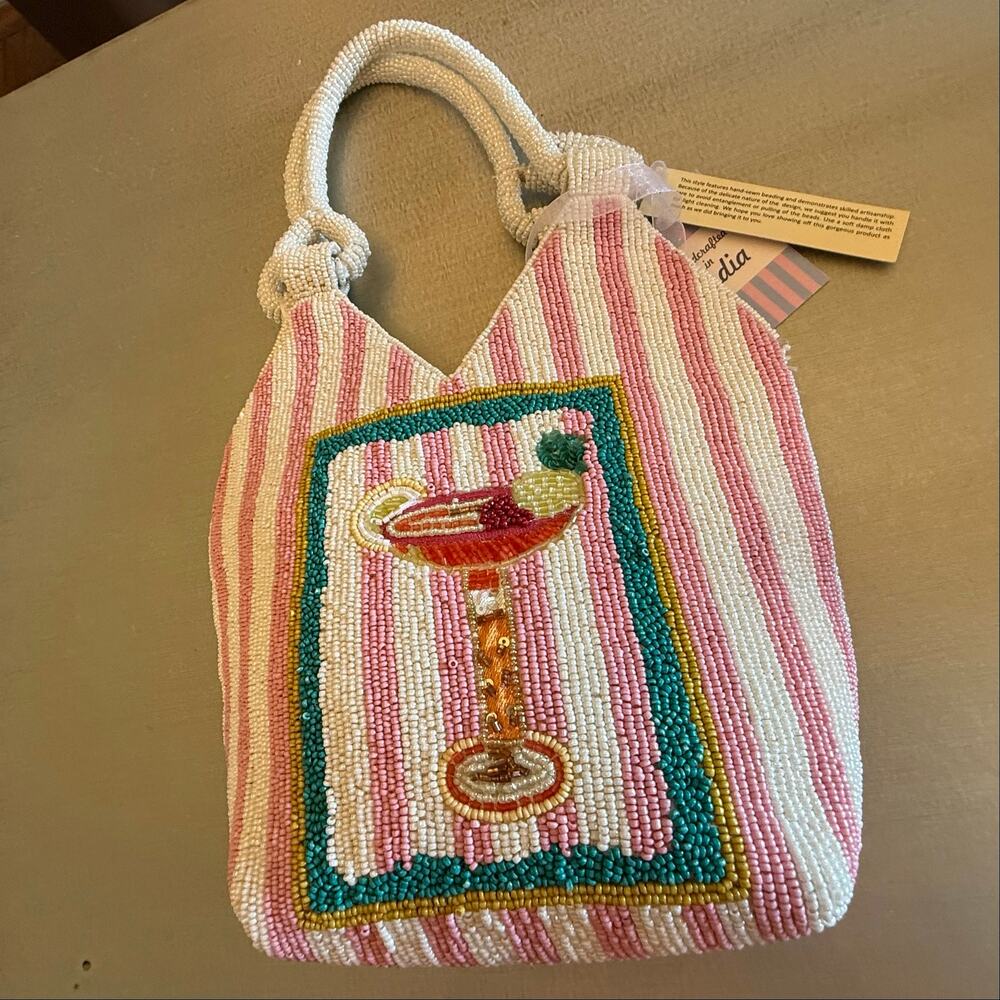 NWT Viral Handcrafted In India Beaded Pink White Striped Tote Cocktail Bag - Picture 9 of 11